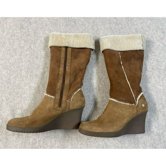 UGG Sandra Knee High Wedge Boots Women 9 Brown Leather Shearling Lined Fold Down - Picture 2 of 16